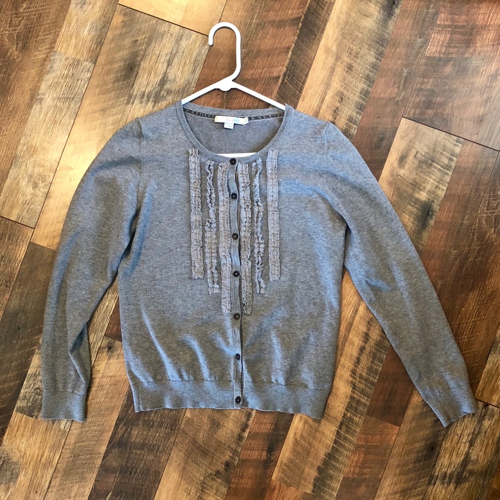 BODEN Grey Ruffle Front Cardigan Sweater